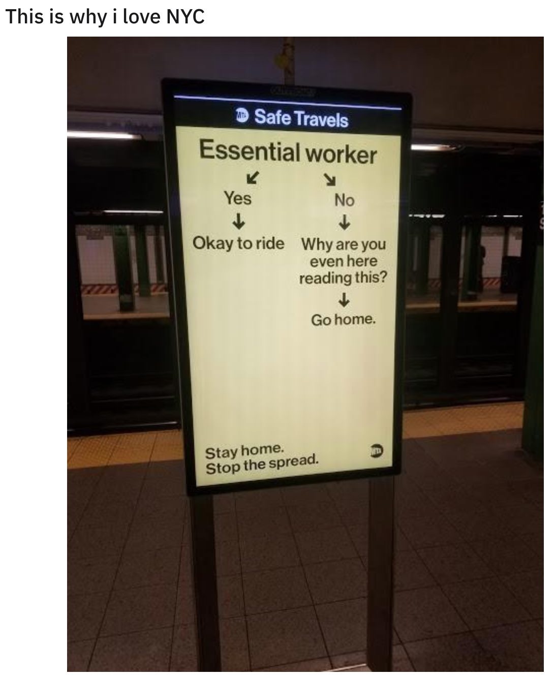 signage - This is why i love Nyc D Safe Travels Essential worker Yes No Okay to ride Why are you even here reading this? Go home. Stay home. Stop the spread.