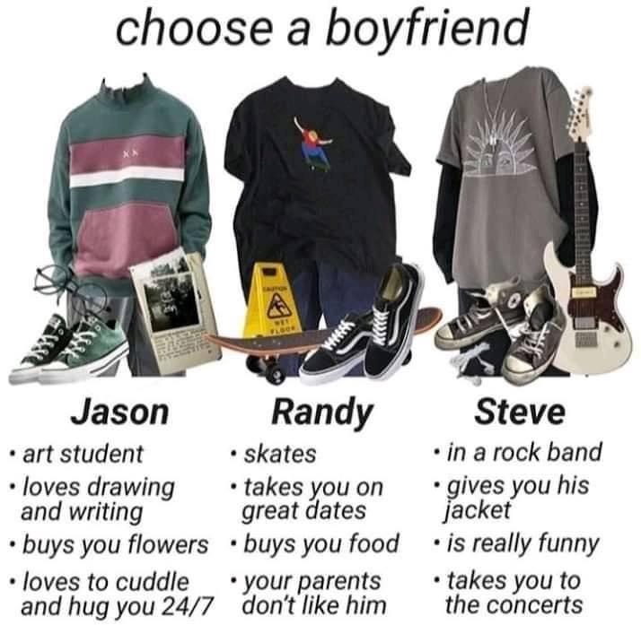 bag - choose a boyfriend Jason Randy art student .skates loves drawing takes you on and writing great dates .buys you flowers buys you food loves to cuddle your parents and hug you 247 don't him Steve in a rock band gives you his jacket is really funny ta