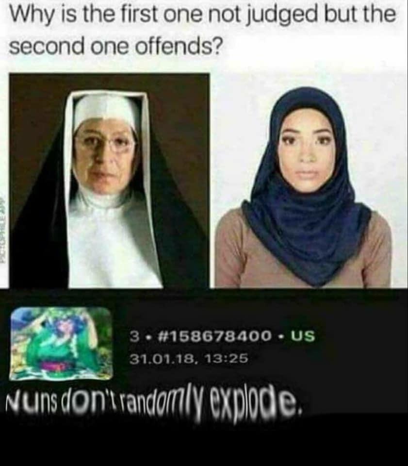 offensive dark humour memes - Why is the first one not judged but the second one offends? Os 3. . 3. . Us 31.01.18, Nuns don't randomly explode.