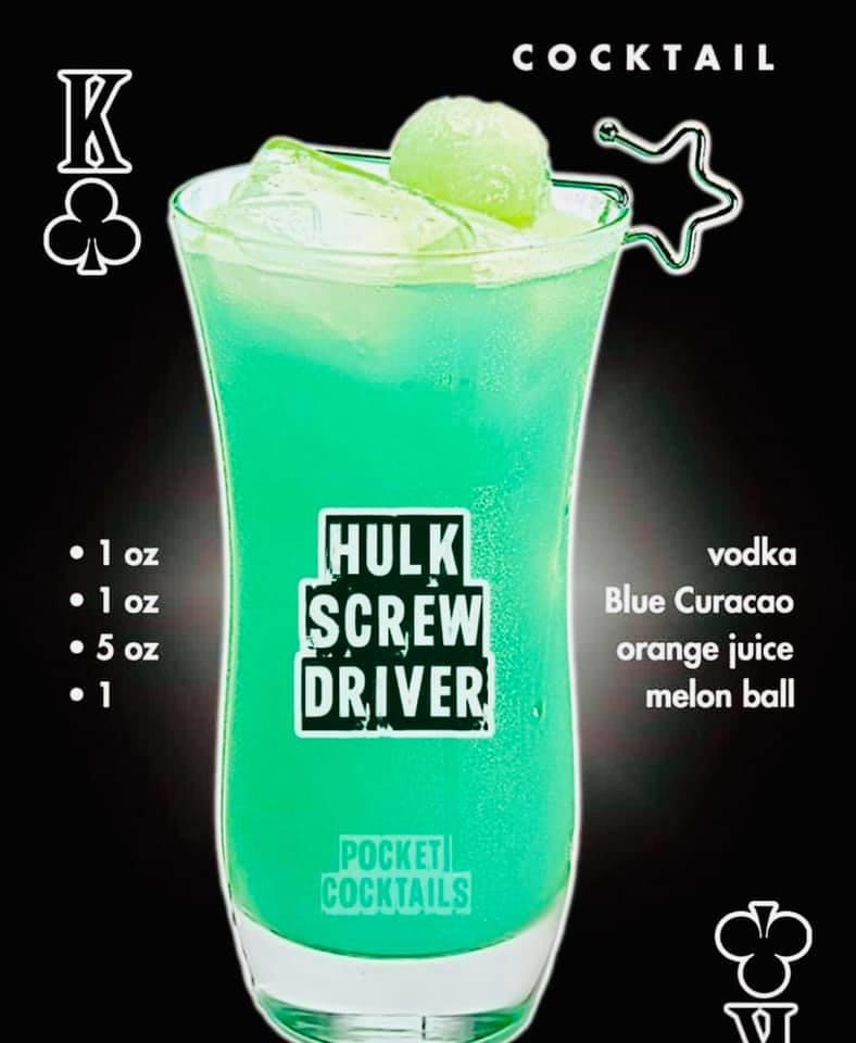 non alcoholic beverage - Cocktail Hulk Screw Driver vodka Blue Curacao orange juice melon ball Pocket Cocktails