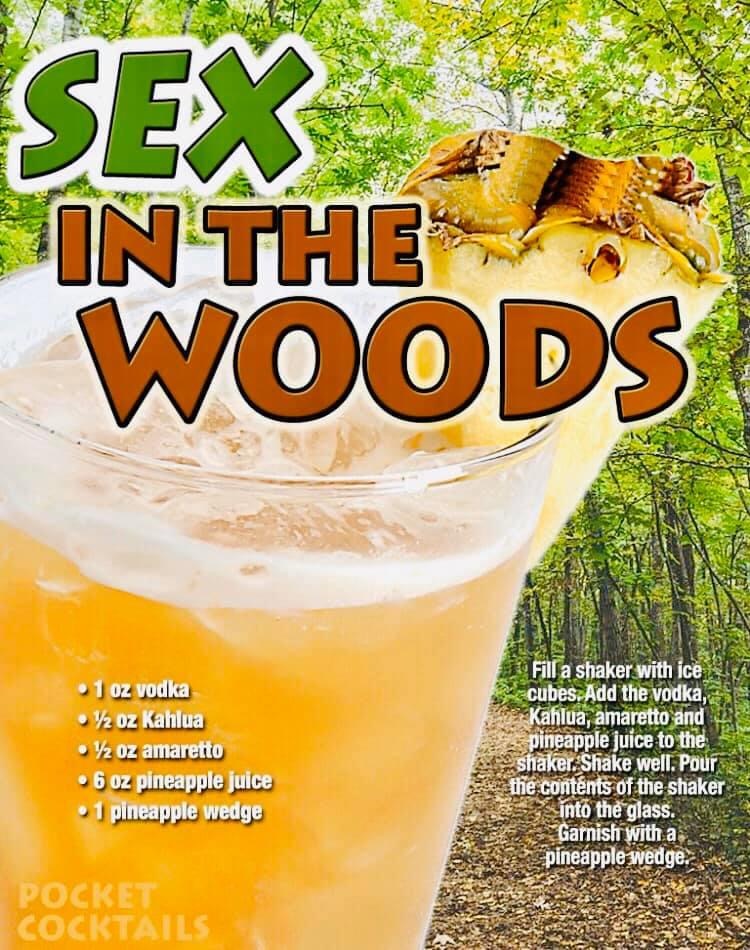 orange drink - Sex In The Woods 1 oz vodka 72 oz Kahlua 12 oz amaretto 6 oz pineapple juice 1 pineapple wedge Fill a shaker with ice cubes. Add the vodka, Kahlua, amaretto and pineapple juice to the shaker. Shake well. Pour the contents of the shaker into