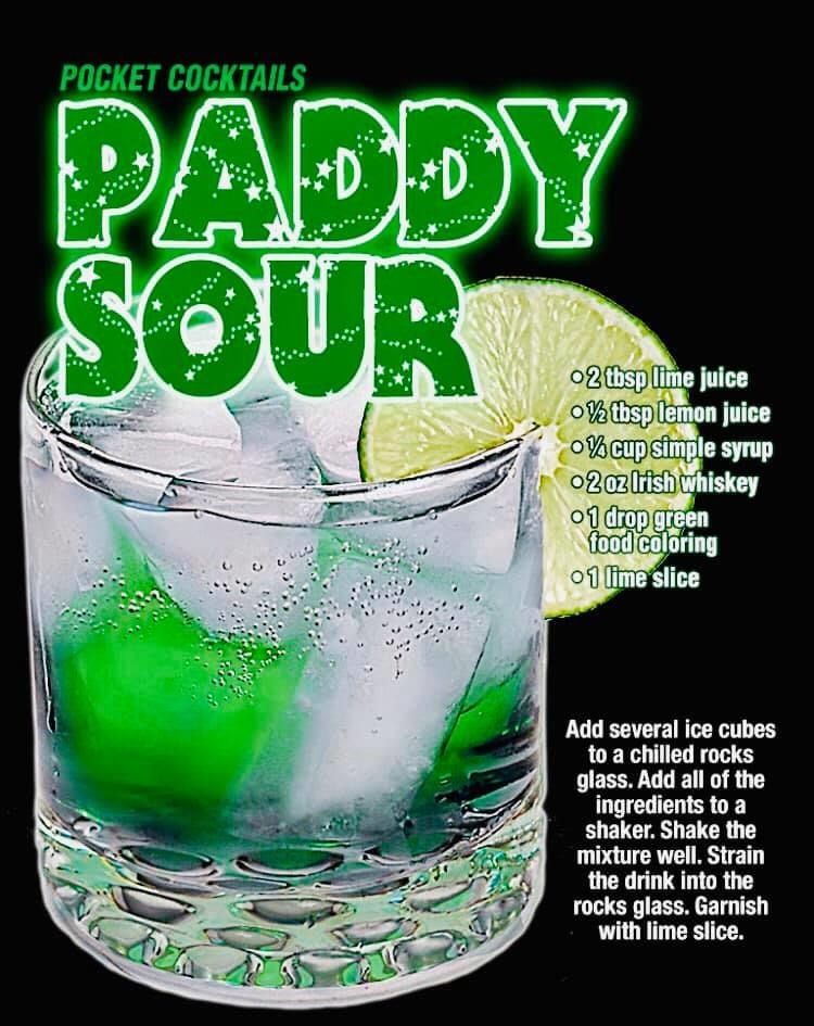 planet bounce - Pocket Cocktails Paddy o 2 tbsp lime juice o% tbsp lemon juice O % cup simple syrup 02 oz rish whiskey 01 drop green food coloring 01 lime slice Add several ice cubes to a chilled rocks glass. Add all of the ingredients to a shaker. Shake 