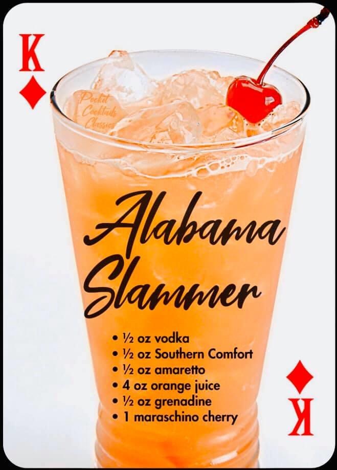 non alcoholic beverage - ama Slammer V2 oz vodka 2 oz Southern Comfort V2 oz amaretto 4 oz orange juice V2 oz grenadine 1 maraschino cherry