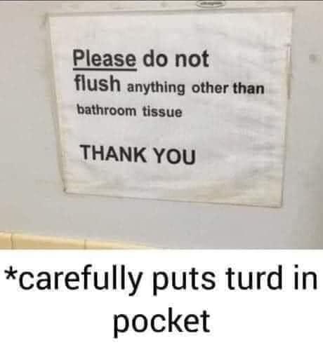 angle - Please do not flush anything other than bathroom tissue Thank You carefully puts turd in pocket