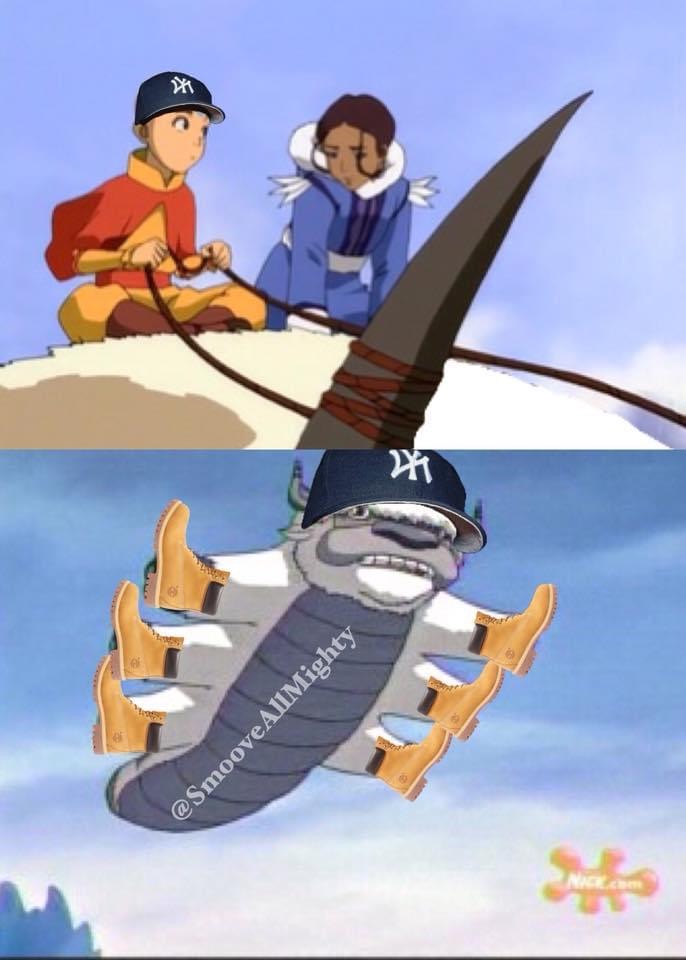 the last airbender cartoon kids flying on deadass animal with yankee cap and timberland boots