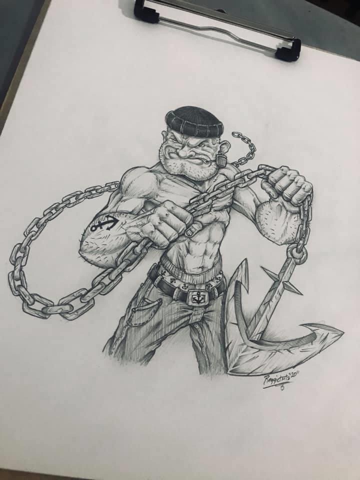 popeye the sailor drawing with huge muscles