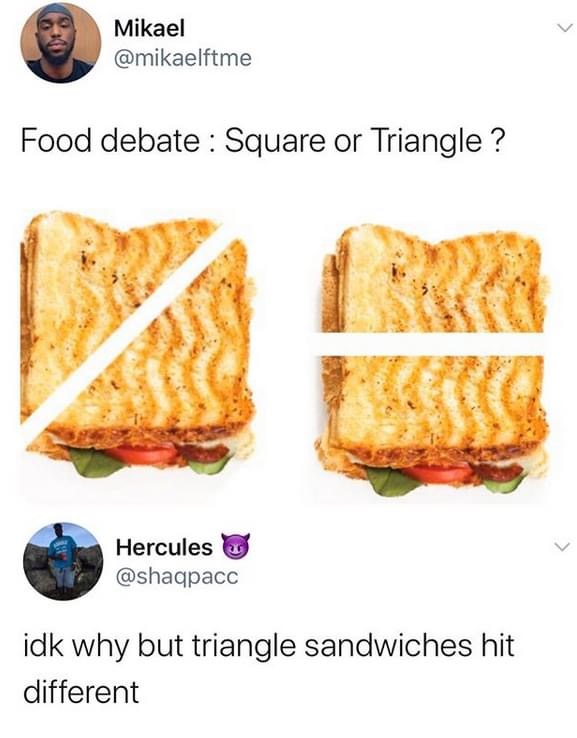 food debate square or triangle - Mikael Food debate Square or Triangle ? Hercules idk why but triangle sandwiches hit different