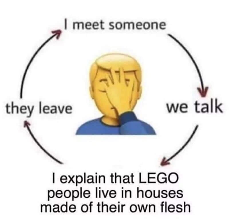 meet someone we talk they leave meme - I meet someone they leave we talk I explain that Lego people live in houses made of their own flesh