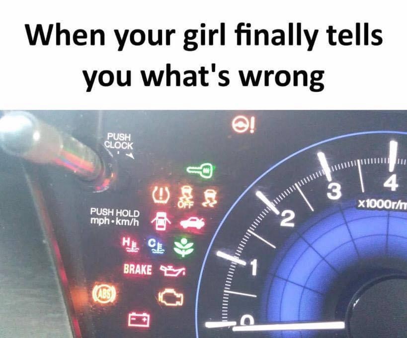 girl finally tells you whats wrong meme - When your girl finally tells you what's wrong ! Push Clock 3 4 x1000rn Push Hold mph.kmh 2 Brake Abs
