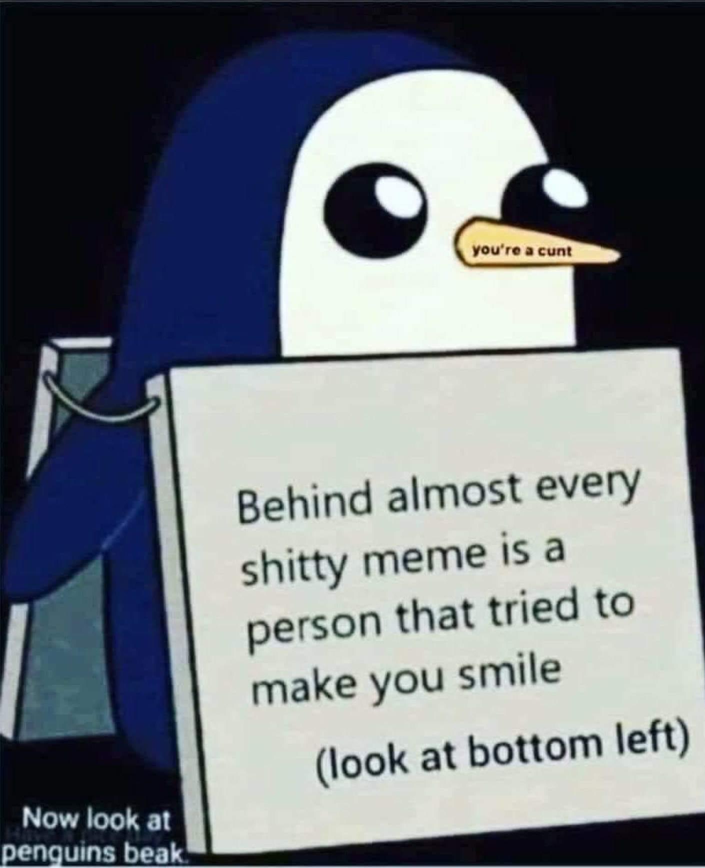 penguin meme youre a cunt - you're a cunt Behind almost every shitty meme is a person that tried to make you smile look at bottom left Now look at penguins beak