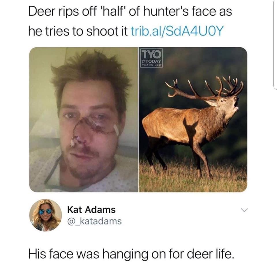 deer rips off hunters face - Deer rips off 'half' of hunter's face as he tries to shoot it trib.alSdA4UOY I Tyo Years Old Kat Adams His face was hanging on for deer life.
