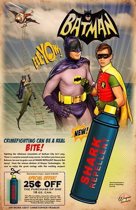 poster - Batuan 1410 R New! Crimefighting Can Be A Real Bite! Fighting the villainous scoundrels of Gotham City isn't easy, There's a surprise around very corner. Se before you leave your Batcave, be sure to grab a canel Shark Repellent Oceanic But Spray!