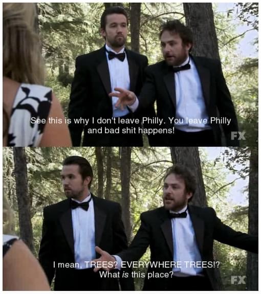 always sunny mac quotes - See this is why I don't leave Philly. You leave Philly and bad shit happens! Fx I mean, Trees? Everywhere Trees!? What is this place? Fx