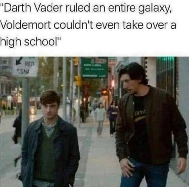 harry potter star wars meme - "Darth Vader ruled an entire galaxy, Voldemort couldn't even take over a high school" Ren Signa