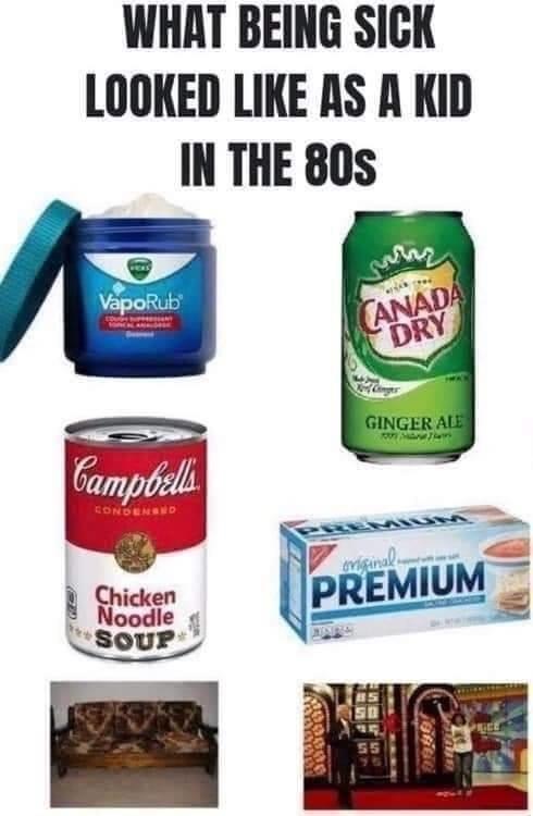 ginger ale meme - What Being Sick Looked As A Kid In The 80S Ber VapoRub Canada Dry Ginger Ale Campbells Condensrd original Premium Chicken Noodle Soup Me 4100 See 55