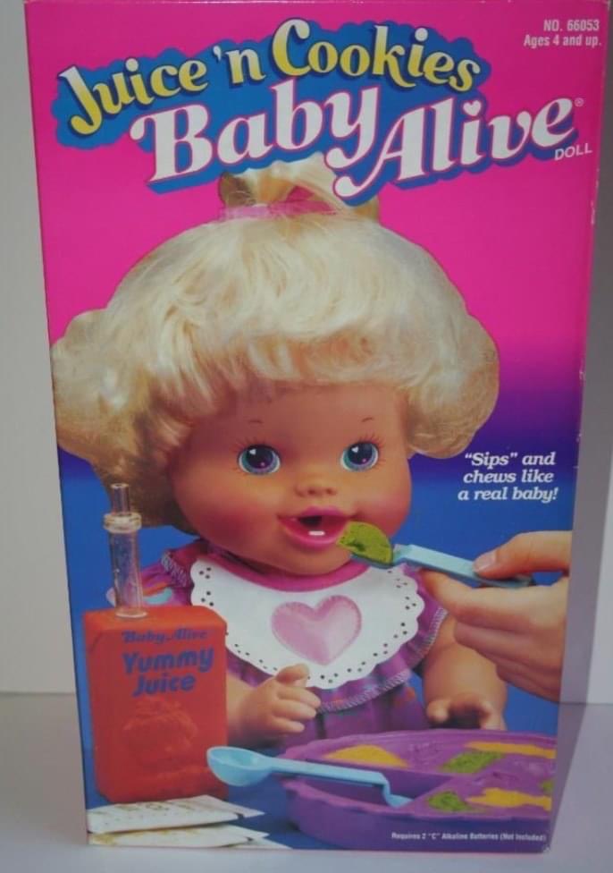 baby alive 90's - No. 66053 Ages 4 and up Juice 'n Cookies BabyAlive Doll Sips" and chews a real baby! Yummy Juice