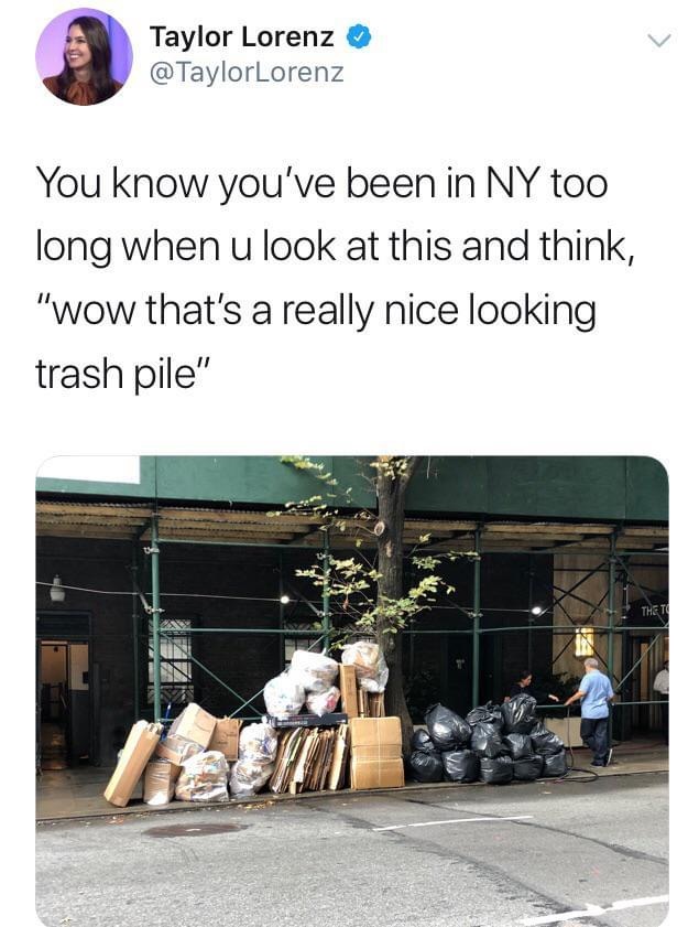 nice looking trash pile - > Taylor Lorenz You know you've been in Ny too long when u look at this and think, "wow that's a really nice looking trash pile" The Te