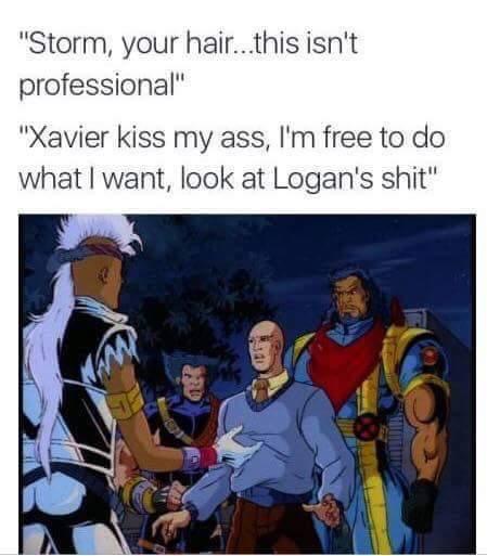 cartoon - "Storm, your hair...this isn't professional" "Xavier kiss my ass, I'm free to do what I want, look at Logan's shit" wa