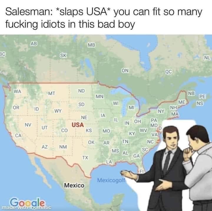 l85a1 meme - Salesman slaps Usa you can fit so many fucking idiots in this bad boy Ab Mb Bc Sk Nl On Qc Wa Mt Nd Mn Nb Pe Me Ns Nh Wi Or Id Mi Sd Wy Ne Usa Co Ia Ny Pa Ma Il Nv In Oh Mdd Ut Ks Ca 8 Ok wy Va Nc Sc Az Mo Ky Ar Tn Ms Al La Nm Tx Ga Mexicogol