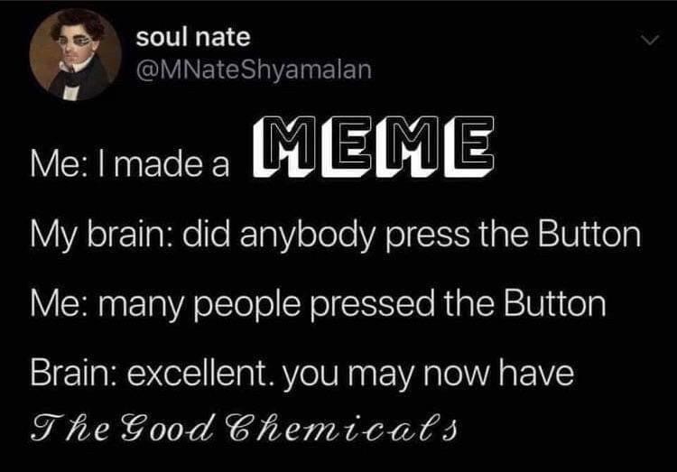 darkness - soul nate Shyamalan Me I made a Meme My brain did anybody press the Button Me many people pressed the Button Brain excellent. you may now have The Good Chemicals