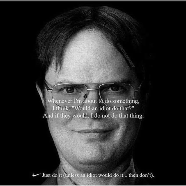 dwight schrute - Spettacomedy Whenever I'm about to do something, I think, "Would an idiot do that?" And if they would, I do not do that thing. Just do it unless an idiot would do it... then don't.