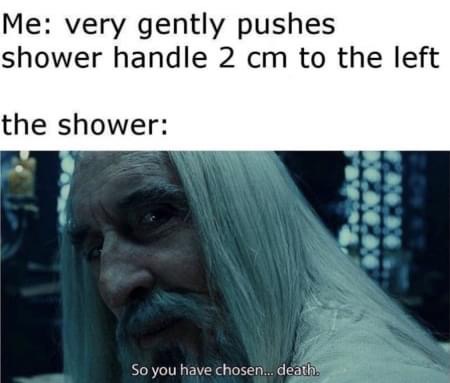 shower memes - Me very gently pushes shower handle 2 cm to the left the shower So you have chosen... death.