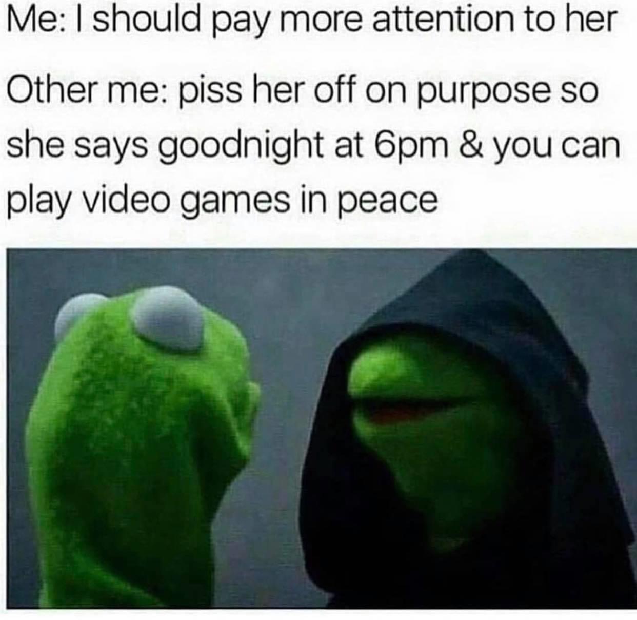 evil kermit meme - Me I should pay more attention to her Other me piss her off on purpose so she says goodnight at 6pm & you can play video games in peace