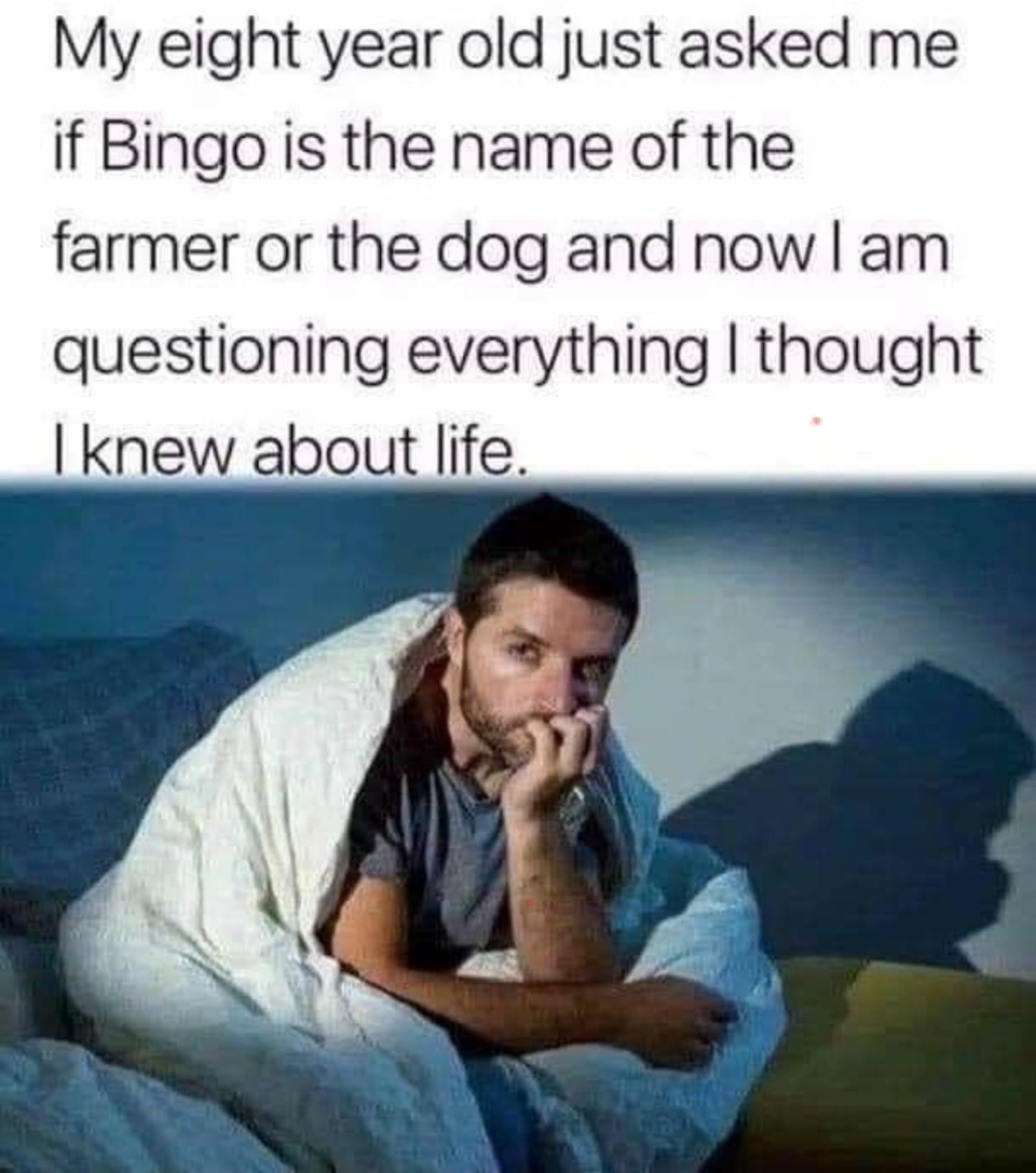 bingo the name of the farmer - My eight year old just asked me if Bingo is the name of the farmer or the dog and now I am questioning everything I thought I knew about life