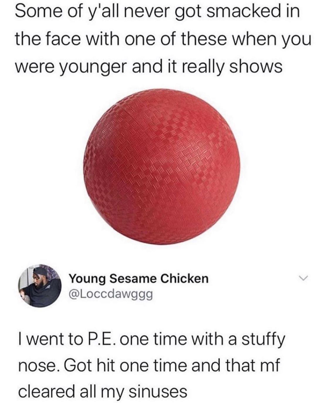 Internet meme - Some of y'all never got smacked in the face with one of these when you were younger and it really shows Young Sesame Chicken I went to P.E. one time with a stuffy nose. Got hit one time and that mf cleared all my sinuses