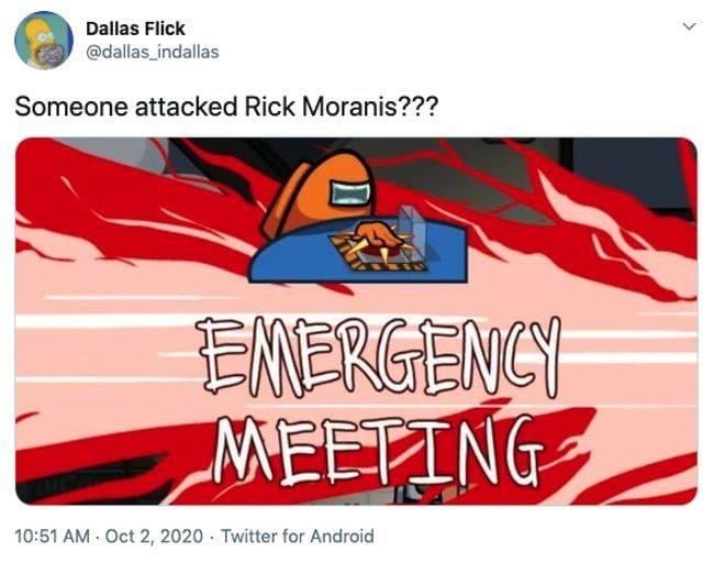 cartoon - Dallas Flick Someone attacked Rick Moranis??? Emergency Meeting . Twitter for Android