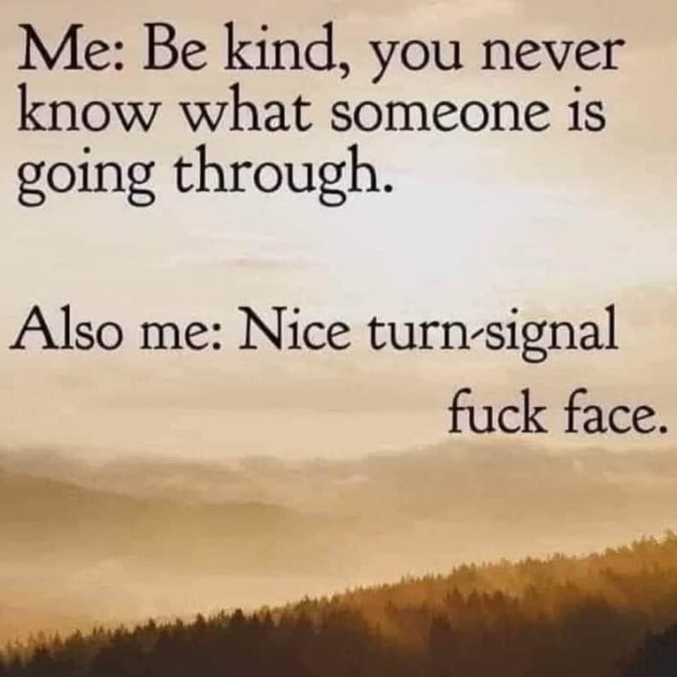 sky - Me Be kind, you never know what someone is going through. Also me Nice turnsignal fuck face.