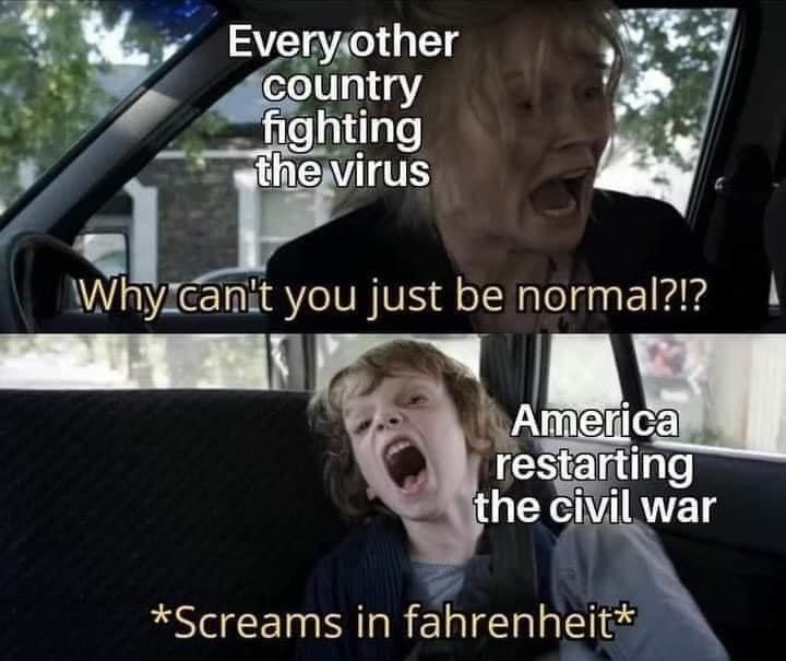 statistics memes - Every other country fighting the virus Why can't you just be normal?!? America restarting the civil war Screams in fahrenheit