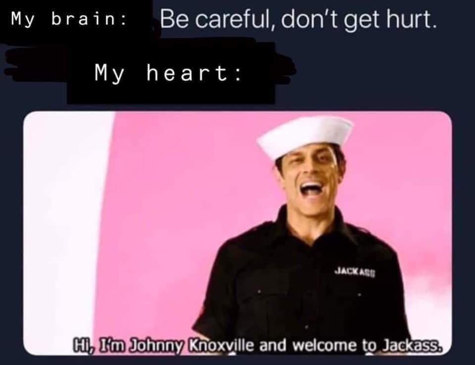 johnny knoxville meme - My brain Be careful, don't get hurt. My heart Jackass Hi, I'm Johnny Knoxville and welcome to Jackass.