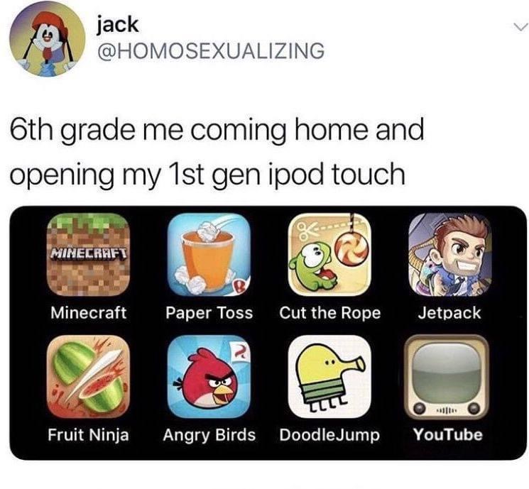 middle school nostalgia - jack 6th grade me coming home and opening my 1st gen ipod touch Minecraft Minecraft Paper Toss Cut the Rope Jetpack Tl Fruit Ninja Angry Birds Doodle Jump YouTube