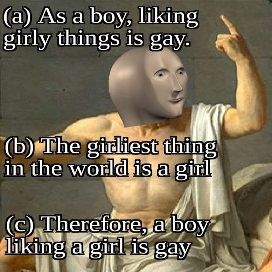 Internet meme - a As a boy, liking girly things is gay. b The gidiest thing in the world is a girl c Therefore, a boy liking a girl is gay
