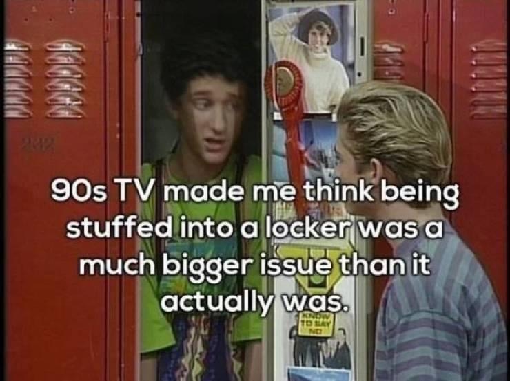 facial expression - 90s Tv made me think being stuffed into a locker was a much bigger issue than it actually was. To Sav No