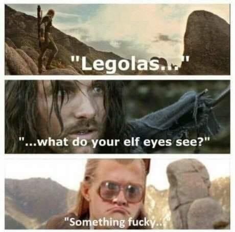legolas what do your elf eyes see meme - "Legolas..." "...what do your elf eyes see?" "Something fucky..
