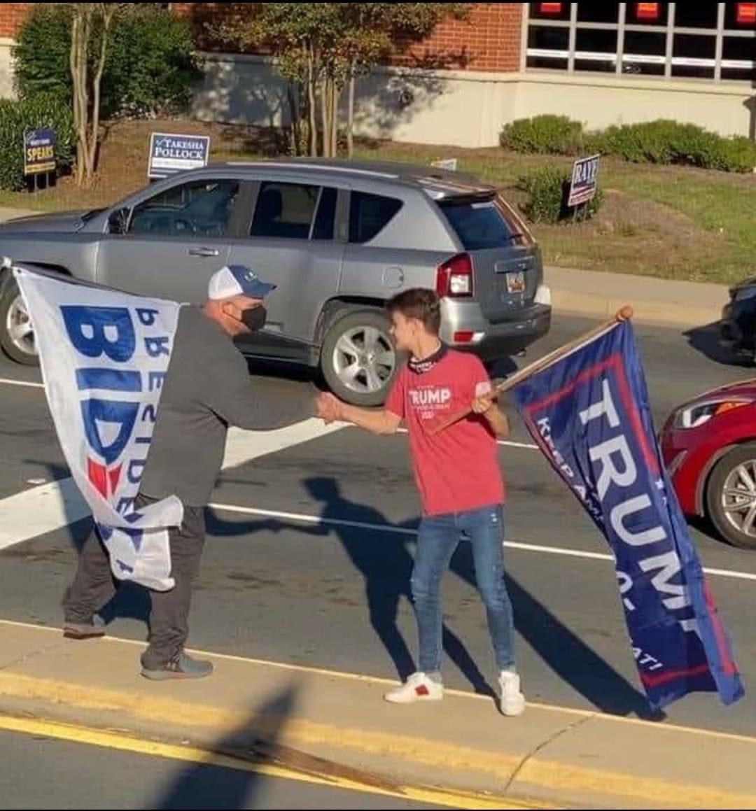 funny memes - trump supporter and biden supporter shaking hands