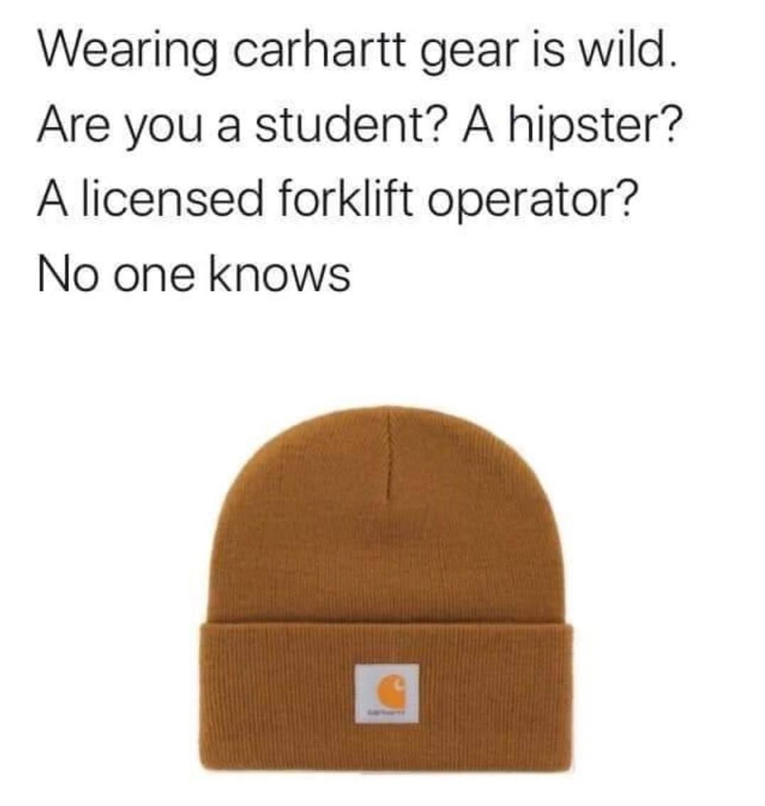 funny memes - Wearing carhartt gear is wild. Are you a student? A hipster? A licensed forklift operator? No one knows