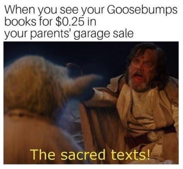 sacred texts meme - When you see your Goosebumps books for $0.25 in your parents' garage sale The sacred texts!