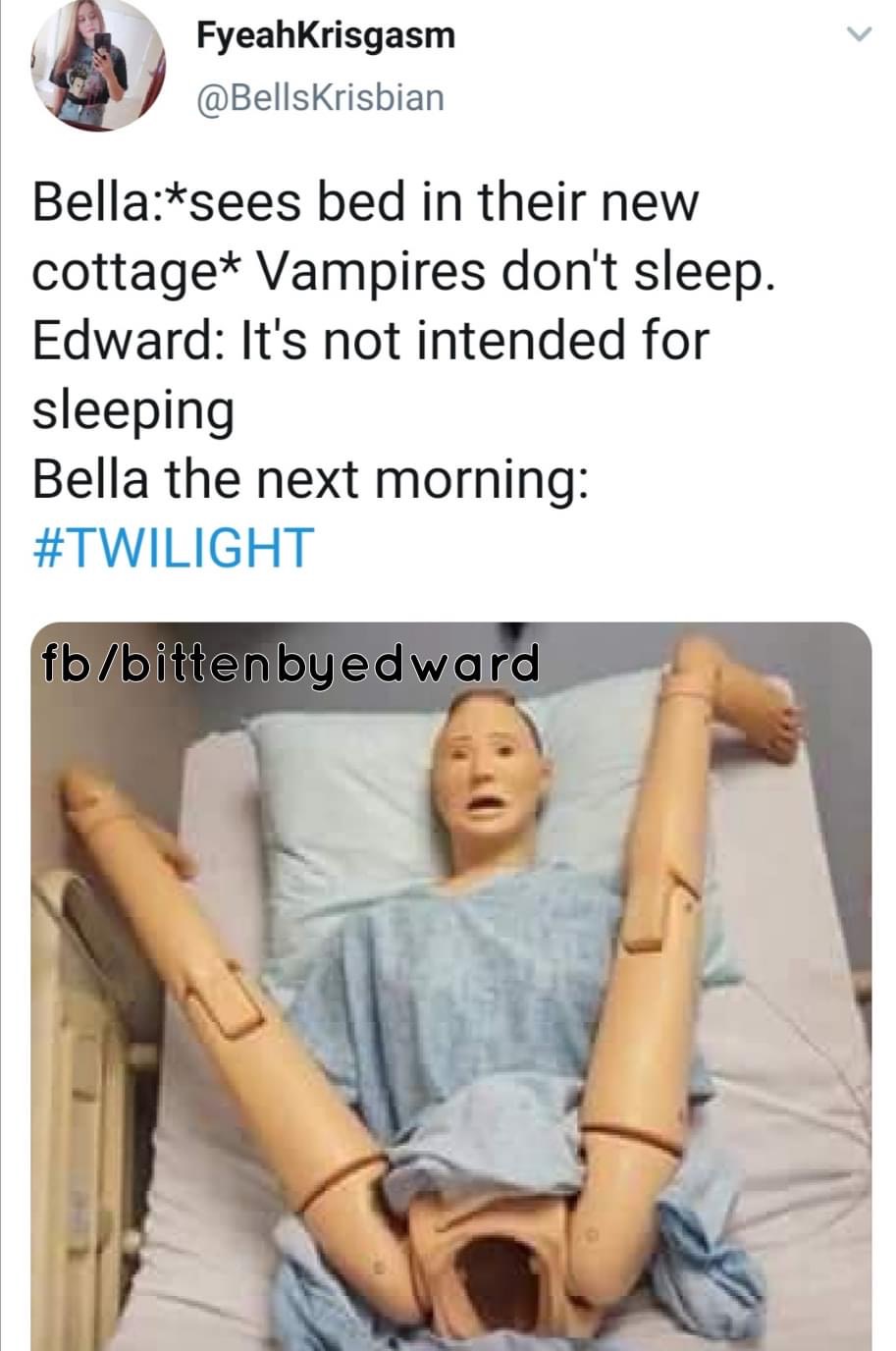 funny pics - bed in their new cottage Vampires don't sleep. Edward It's not intended for sleeping Bella the next morning fbbitten by edward