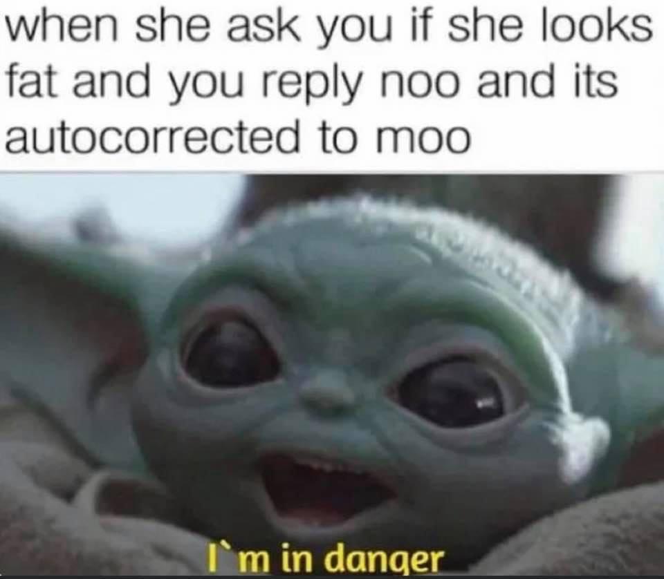 baby yoda memes 2020 - when she ask you if she looks fat and you noo and its autocorrected to moo I'm in danger
