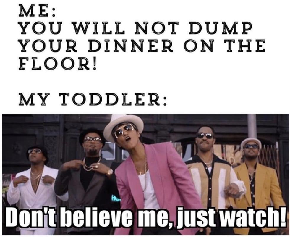 parenting toddler memes - Me You Will Not Dump Your Dinner On The Floor! My Toddler Don't believe me, just watch!