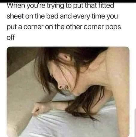 cropped porn memes - When you're trying to put that fitted sheet on the bed and every time you put a corner on the other corner pops off