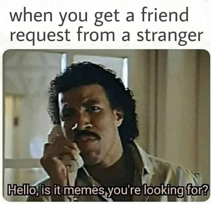 photo caption - when you get a friend request from a stranger Hello, is it memes you're looking for?