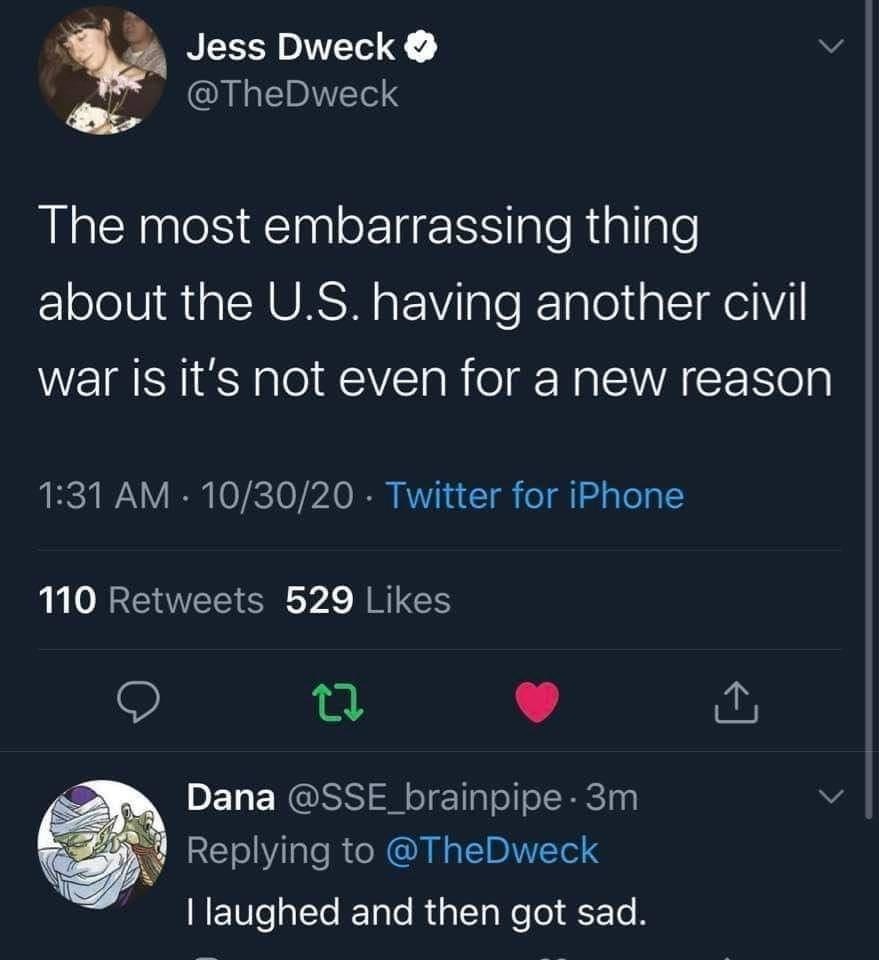 screenshot - Jess Dweck The most embarrassing thing about the U.S. having another civil war is it's not even for a new reason 103020. Twitter for iPhone 110 529 12 Dana . 3m I laughed and then got sad.