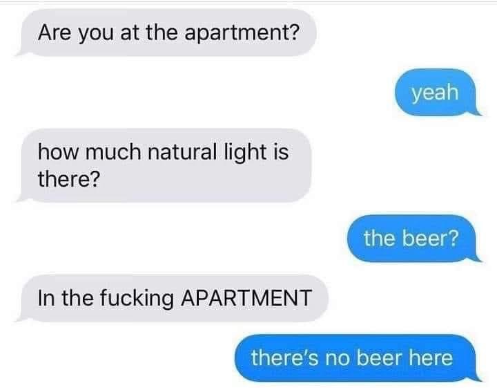 much natural light meme - Are you at the apartment? yeah how much natural light is there? the beer? In the fucking Apartment there's no beer here