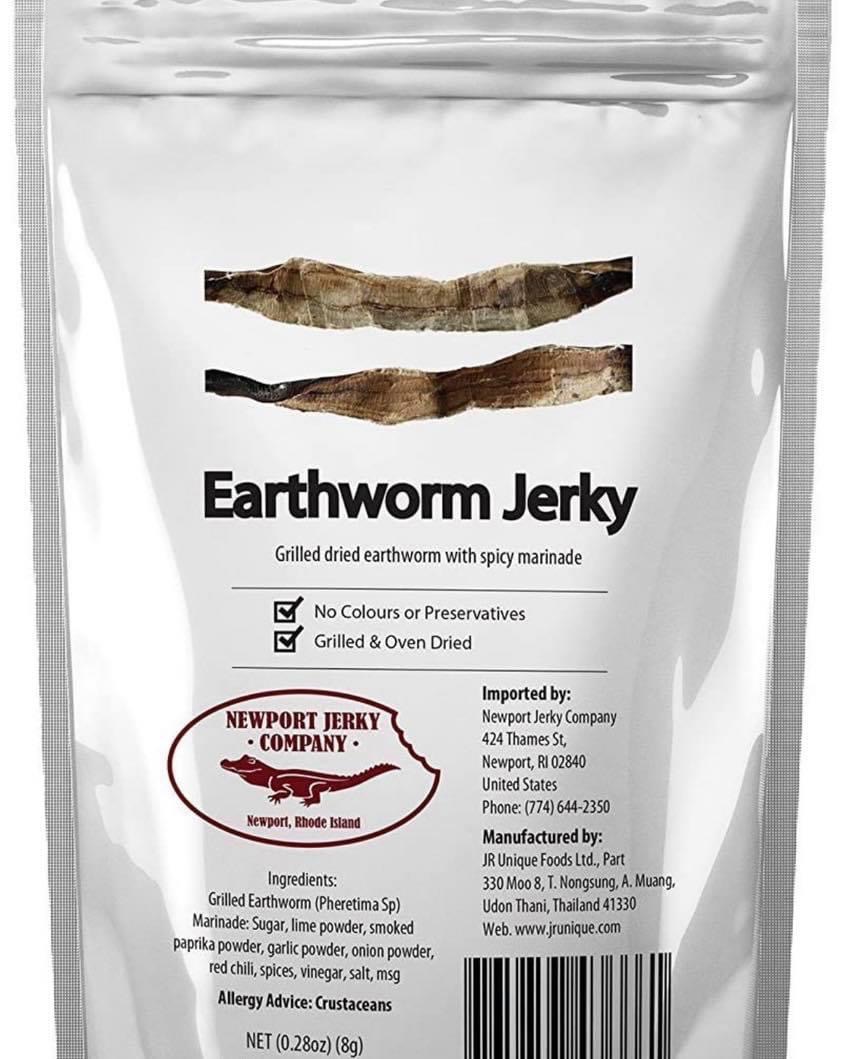 Earthworm Jerky - Earthworm Jerky Grilled dried earthworm with spicy marinade No Colours or Preservatives Grilled & Oven Dried Newport Jerky Company Imported by Newport Jerky Company 424 Thames St Newport, Ri 02840 United States Phone 774 6442350 Manufact
