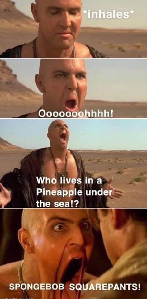 photo caption - inhales Ooooooohhhh! Who lives in a Pineapple under the sea!? Spongebob Squarepants!