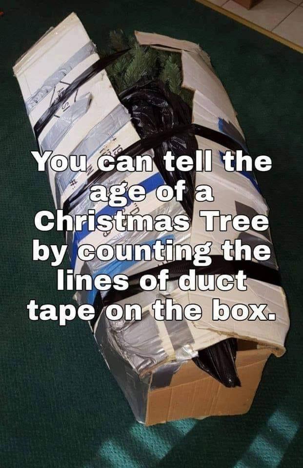 christmas tree box tape - You can tell the age of a Christmas Tree by counting the lines of duct tape on the box.